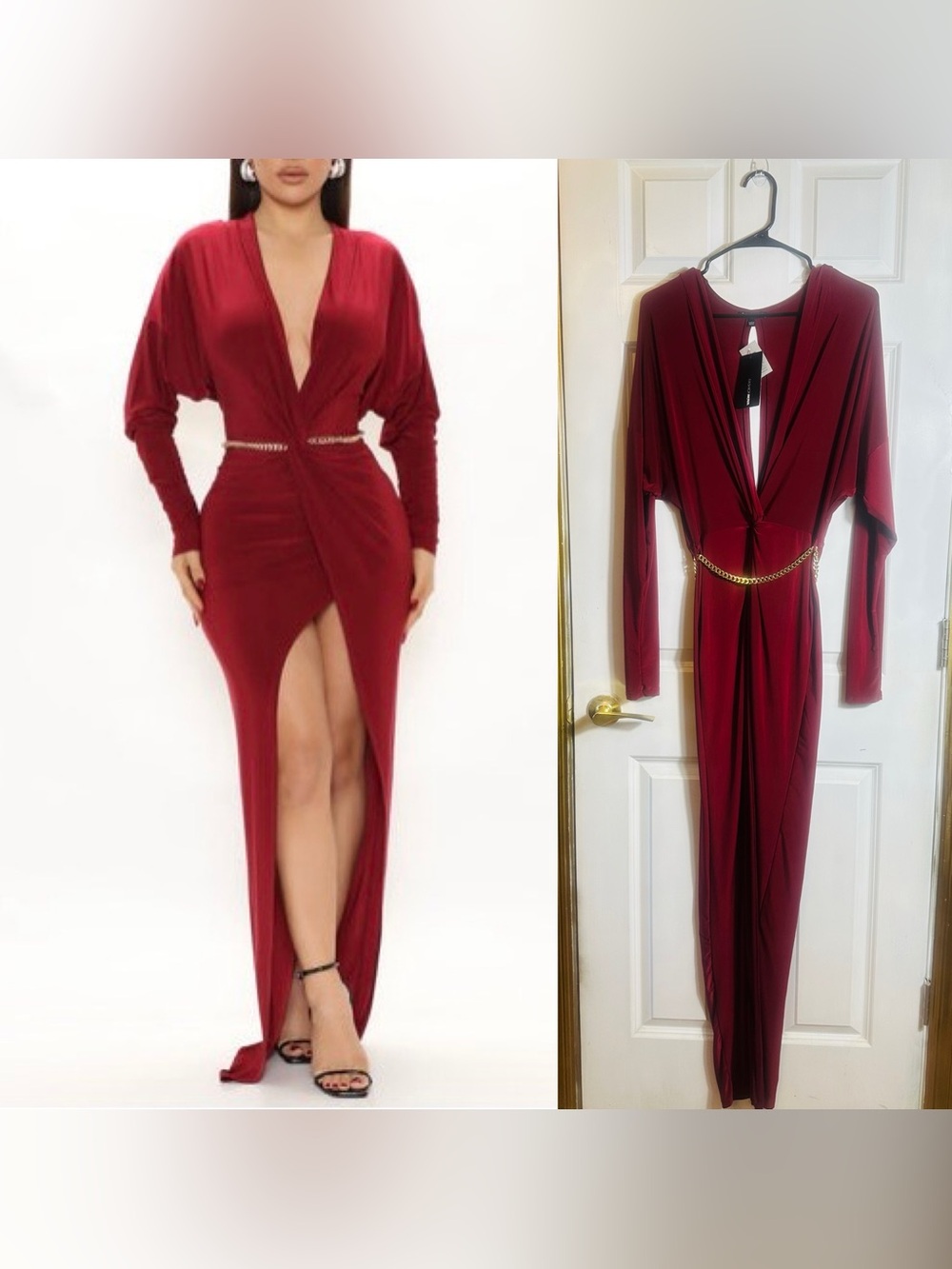 Fashion Nova Burgundy Plunge Maxi Dress with Chain Waist